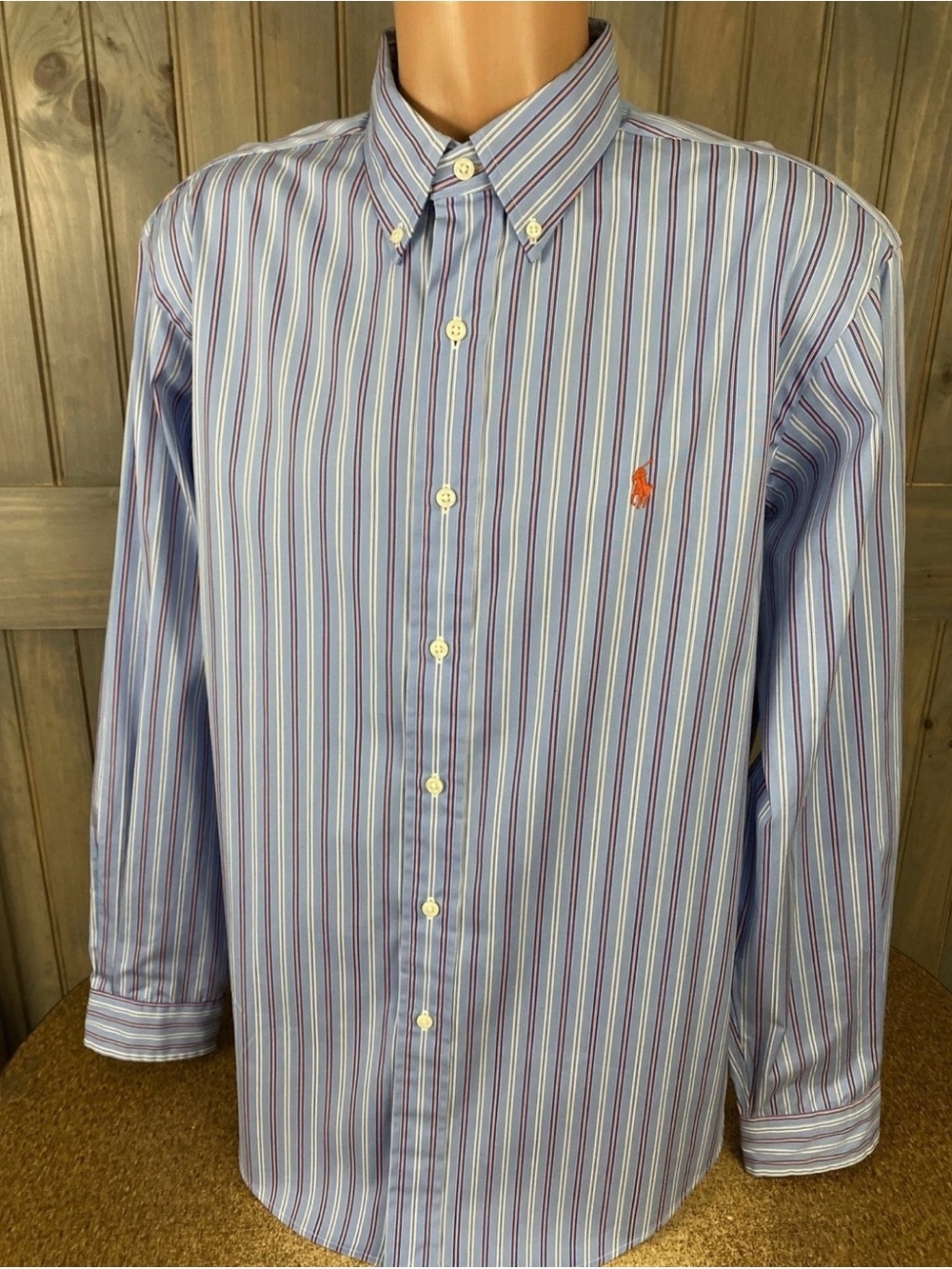 Ralph Lauren Light Blue Multi-Stripe Button-Down Shirt with Red Pony